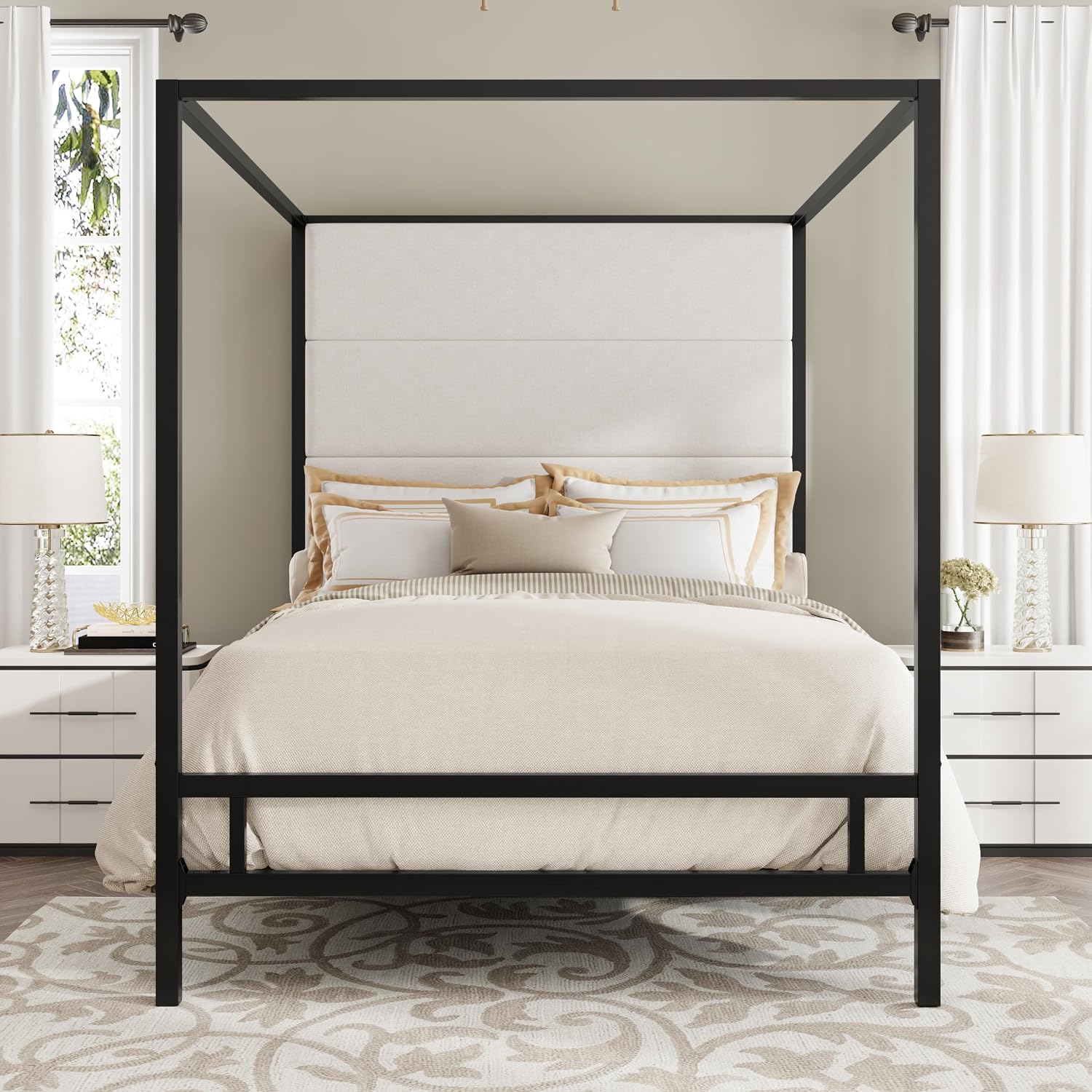 Canopy Bed Frame Metal Queen - Кровать-королева с балдахином, металлический каркас, мягкий
