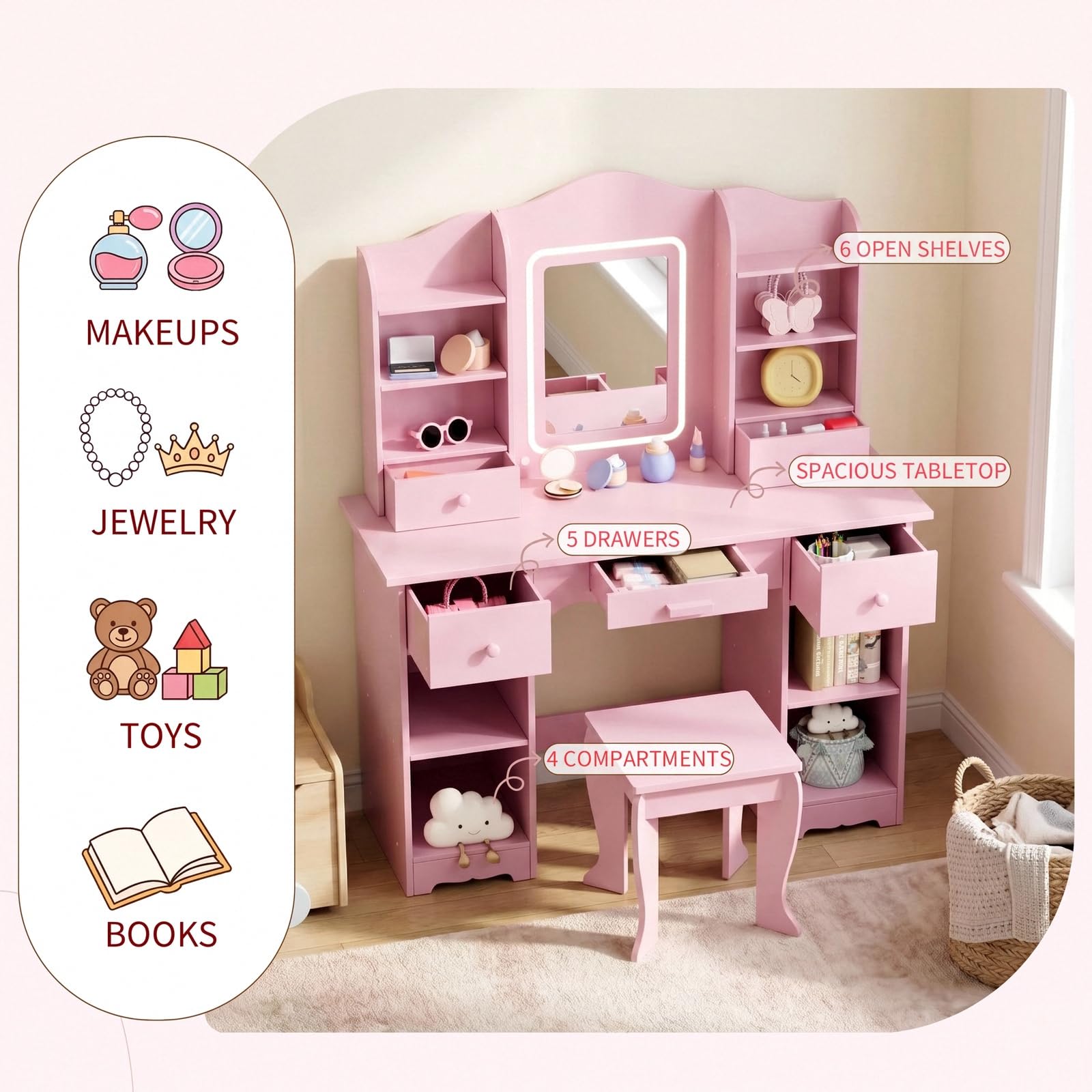 Детский туалетный столик с 3-ц – обзор и цена Dressing Table Vanity With Lighted Mirror